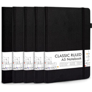 5 Pack Journal Notebook Bulk for School, Feela Hardcover Business Notebooks Classic Ruled Lined Journals with Pen Holder for Work Note Taking, with 5 Black Pens, 120 GSM, 5.1”x8.3”, A5, Black